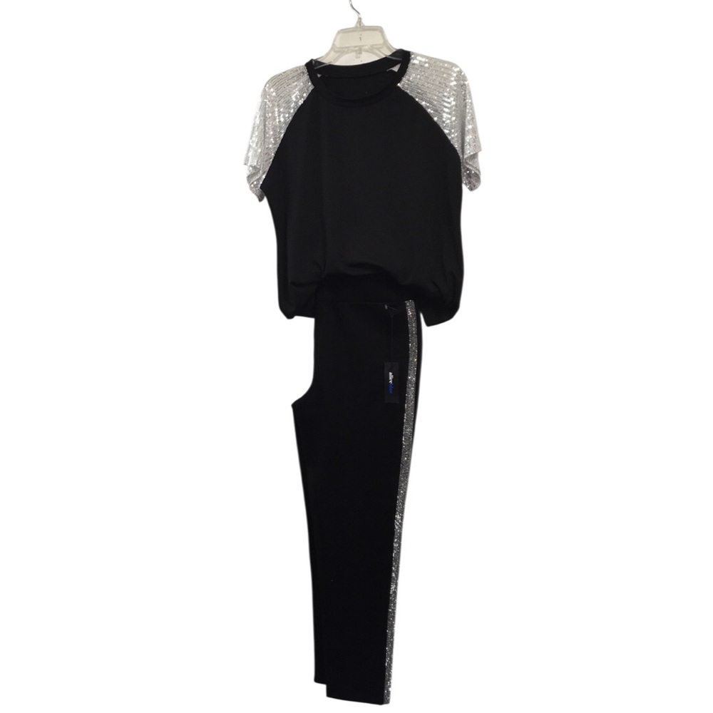 Black Top with Sequin Sleeves + Black Leggings with Rhinestone Sides